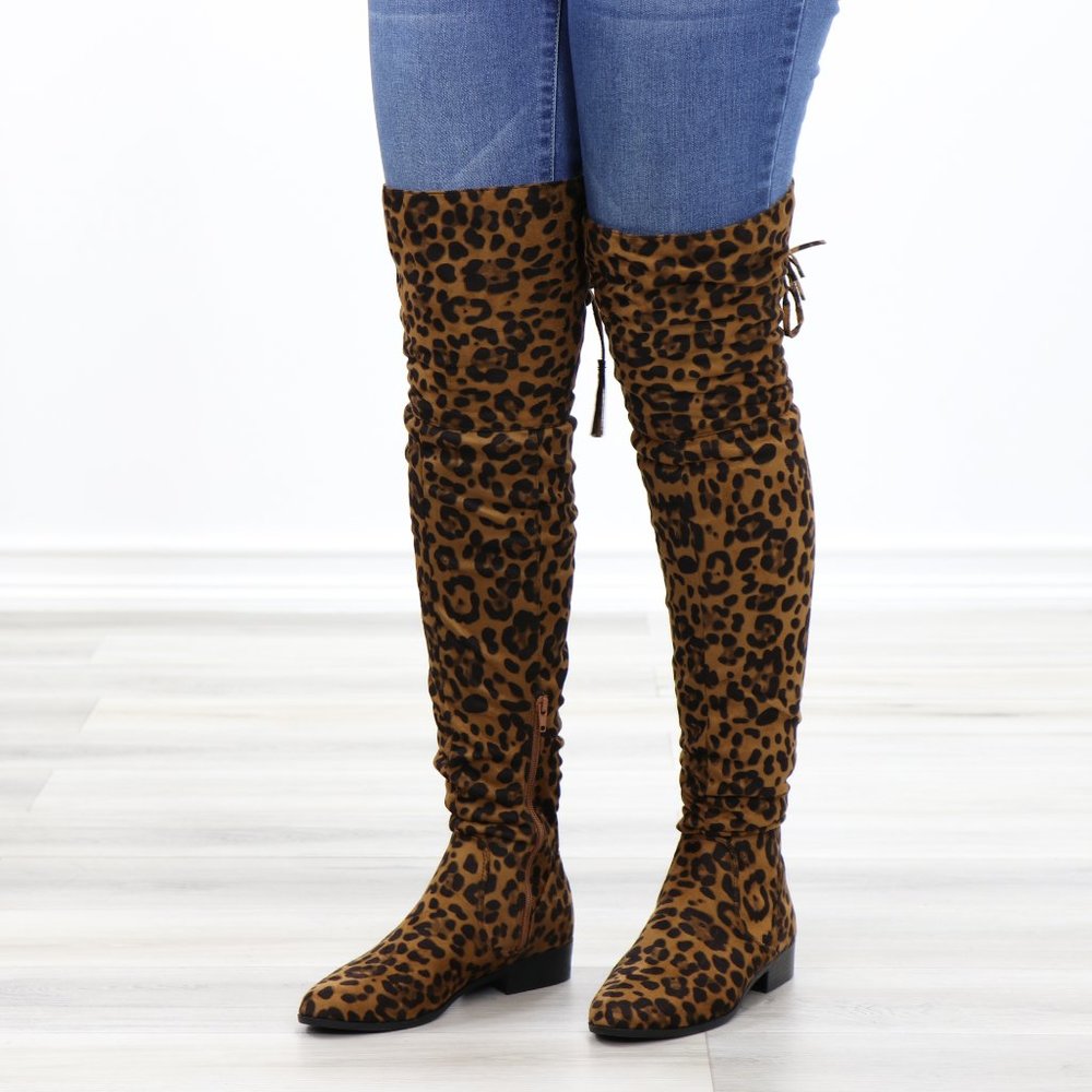 Leopard Suede Thigh High Flat Boot Lace Up Back - Picture 6 of 14